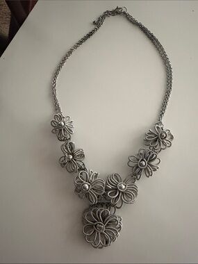 Silver Floral Loop Statement Necklace for Women